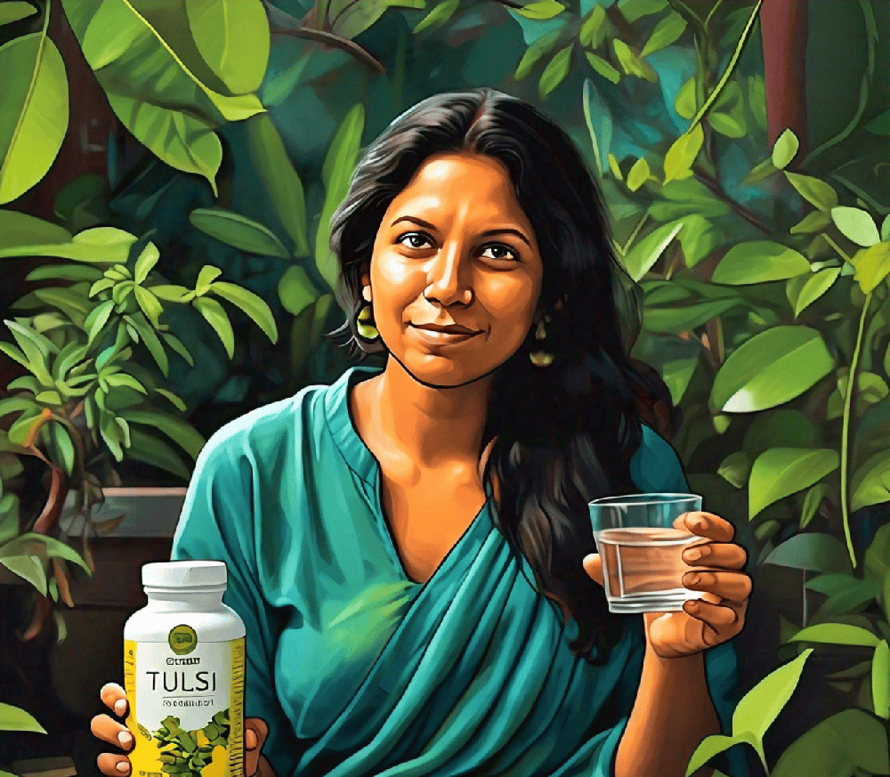 a graphic illustration of a person taking Tulsi supplements